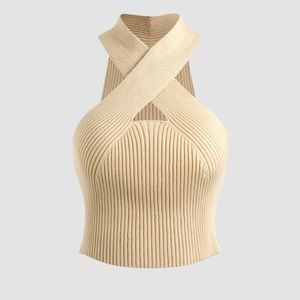Beige Rib Cross Halter Top
